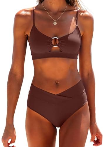 ANRABESS Women’s Triangle Bikini Sets O Ring Cut Out Two Piece Swimsuit Mid Rise Cute 2026 Summer Beach Cheeky Bathing Suits Brown Small - Image 1