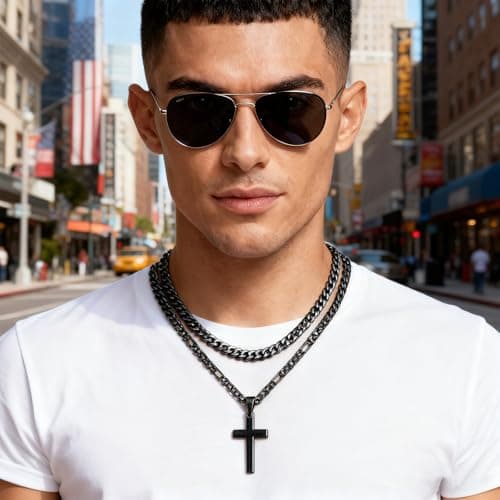 AOzT 4pcs Cross Necklace for Men - Mens Necklace Layered Stainless Steel Cross Necklace for Men Pendant Chain Silver Cross Necklaces for Men Jewelry 18-24 Inches Black - Thumbnail 4