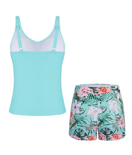 Alakuoti Tween Girls Tankini Swimsuit 2 Piece Bathing Suit Criss Cross Ruched Girl Swimwear with Chest Pad Size 8 Lake Green Floral - Thumbnail 4