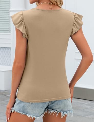 JUSTFASHIONNOW Womens Ruffle Short Sleeve Tops Cute Summer Shirts Business Dressy Casual Crew Neck Blouses 2026 Fashion Outfits(Khaki,Large) - Thumbnail 3