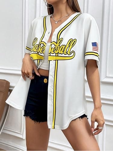 Baseball Shirt Jersey Women Baseball Player T-Shirt Game Day Fan Graphic Tees Button up Short Sleeve White - Thumbnail 2
