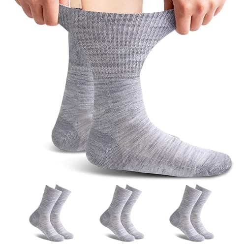 Forcool 3 Pairs Merino Wool Diabetic Socks Non Binding Loose Top Non Blister Seamless Toe Cushioned Sole Wide Calf Crew Diabetes Edema Dress Socks, Large Gray - Image 1