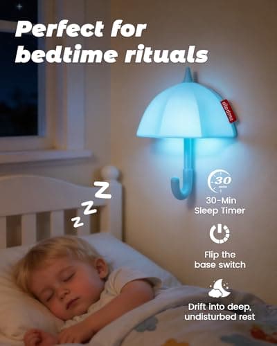 joyful xinghai Kids Night Light Umbrella, Silicone Tap Control Magnetic Bedside Lamp with Time Auto-Off, Cute Portable LED Nursery Light for Baby, Toddler, Bedroom and Keychain Holder - Thumbnail 6