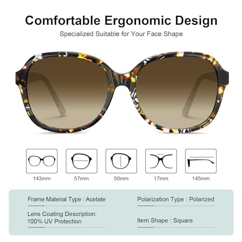 CARFIA Acetate Oversized Square Polarized Sunglasses for Women UV Protection Retro Trendy Big Shades Brown - Thumbnail 4
