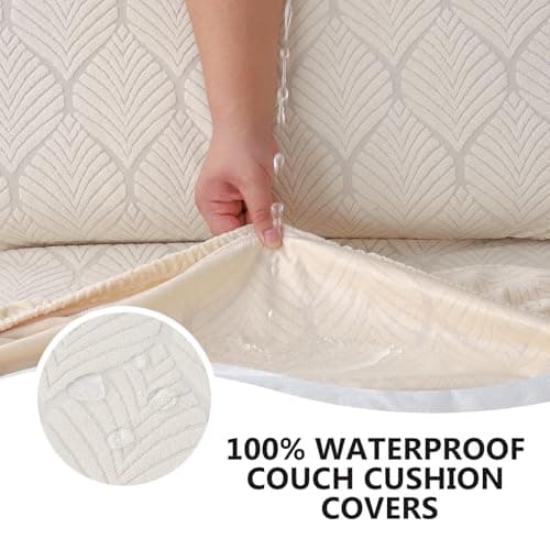 Genina 100% Waterproof Couch Cushion Covers for Pets - L Shape Chaise Lounge Cover Stretch Seat Chaise Couch Cover Jacquard Non Slip Sectional Couch Covers Sofa Slipcovers Washable (1 Piece, Ivory) - Thumbnail 3