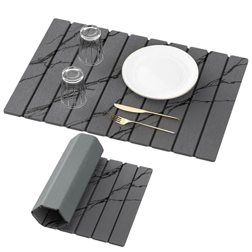 Yofidra Large Stone Dish Drying Mat for Kitchen Counter, Quick Dry Stone Mats with Absorbent Diatomaceous Earth, Foldable Roll Up Drying Organizer Pad for Utensils Plate, 24"×16", Dark Gray Marble