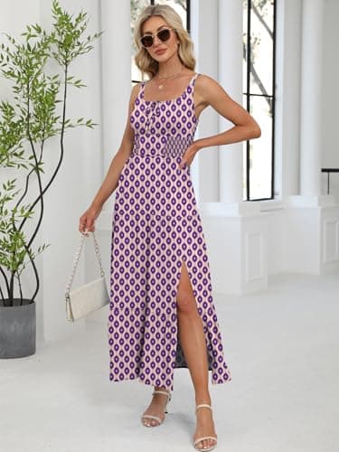 ANRABESS Women Summer Casual Floral Printed Square Neck Sleeveless Straps Elastic Waist Slit Beach Vacation Maxi Dress Floral Purple X-Large - Thumbnail 3