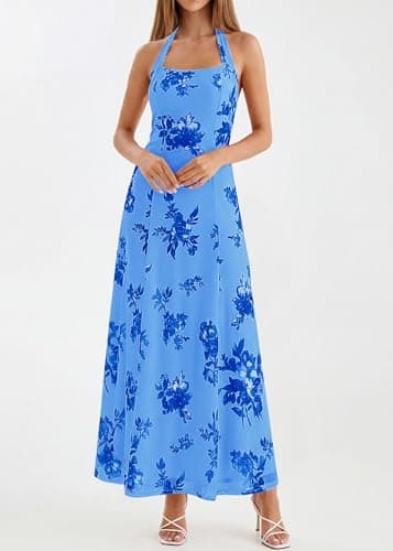 KIRUNDO Women's Summer Sleeveless Halter Floral Maxi Dress 2026 Beach Wedding Guest Cocktail Mesh Flowy A Line Long Sundress(Blue, Large) - Thumbnail 3