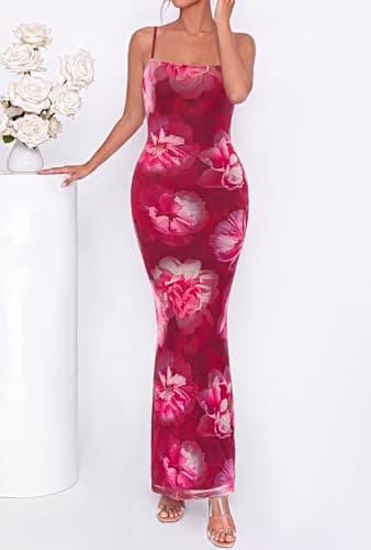 BTFBM Womens Summer Maxi Dress 2026 Floral Mesh Spaghetti Straps Sleeveless Sexy Bodycon Wedding Cocktail Party Dresses(Floral Rose Pink, Medium) - Thumbnail 5