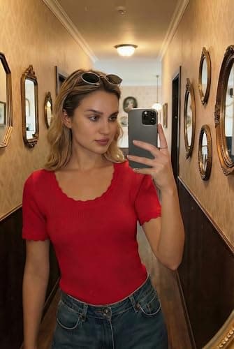 Arach&Cloz Women's 2026 100% Cotton Spring Summer Tops Scoop Neck Short Sleeve Sweater Shirts Pullover Lightweight Soft Cozy Slim Fit Stretchy Business Casual Outfits Work Clothes Trendy Red M - Thumbnail 5