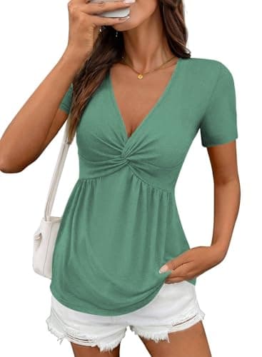 Acelitt Womens Fashion 2026 Summer V Neck Twist Front Tshirts Short Sleeve Tunic Tops Ruffle Flowy Tees Solid Green XXL - Image 1