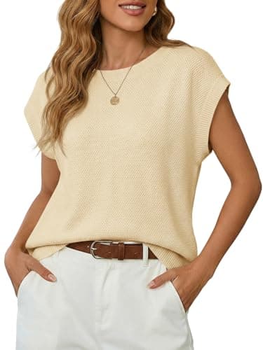 Saodimallsu Womens Cap Sleeve Sweater Tops Casual Crewneck Lightweight Knit Loose Summer Sleeveless Sweater Vest Apricot - Image 1