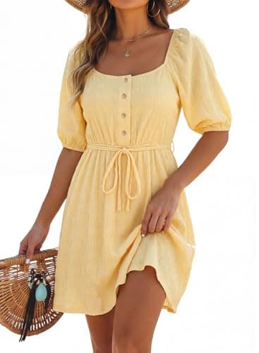 Dokotoo Boho Dresses for Women 2026 Trendy Tie Waist Yellow Dress Short Sleeve Button Down Dress Elegant Pleated A-Line Causal Dresses Plus Size Summer Outifits for Beach Party Medium - Image 1