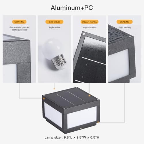 MVBT Solar Post Lights, 10" Solar Column Lights Outdoor Waterproof, Square Modern Pillar Lights, LED Dusk to Dawn Lantern Column Lamp, Stainless Steel Gate Post Light for Outside Patio Yard Fence Deck - Thumbnail 2