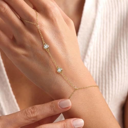 BAYLAY Hand Chain, Ring Bracelet Hand Chain 14K Gold Plated CZ Finger Ring Slave Bracelets Dainty Gold Bracelet for Women Zircon Hands Jewelry for Women Summer Essentials Boho Beach Gifts Trendy Stuff - Thumbnail 2