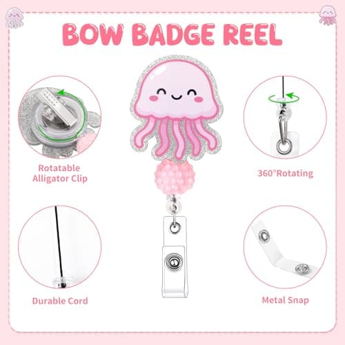 2 Pack Badge Reel Retractable Nurse Gifts Cute Jellyfish Badge Reels with Alligator Clip ID Card Holder for Teacher Office Work Student - Thumbnail 4