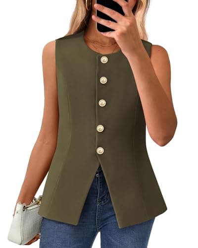 BTFBM Summer Sleeveless Blazer Vest for Women Dressy Button Down Round Neck Business Casual Outfits Work Suit Vests Tops(Army Green, Large) - Image 1