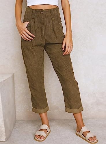 Womens Corduroy Pants Casual High Waisted Straight Leg Vintage Trousers for Women with Pockets Brown US 14 - Thumbnail 3