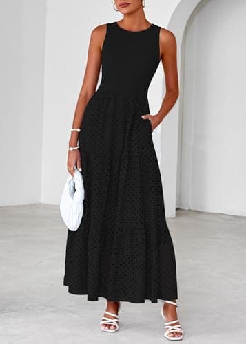 Lazysmile Womens Summer Dresses Crewneck Sleeveless A-Line Hollow Out Eyelet Tiered Tank Maxi Dress Sundress with Pockets Black - Thumbnail 3