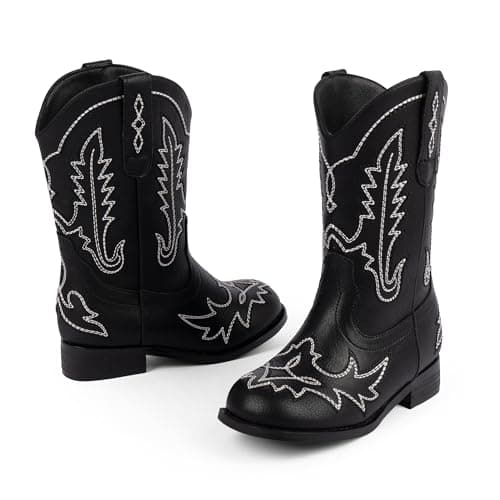 Modatope Toddler Cowboy Boots Black Cowgirl Boots for Boys Pull On Round Toe Cowboy Cowgirl Dress Boot Mid Calf Western Toddler Big Kid Unisex Child Horse Riding Daily Wear Big Kid 4 - Thumbnail 5