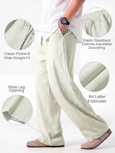 Areant Mens Lightweight Summer Pants Baggy Loose Fit Breathable Casual Sweat Pants Elastic Waist Drawstring for Beach Vacation Lounge Beige Large - Thumbnail 4