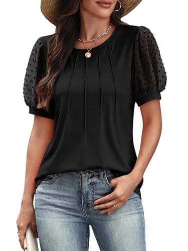 ATHMILE Womens Summer Tops Pleated Crew Neck T Shirts Swiss Dot Puff Sleeve Loose Casual Blouses Trendy Date Outfits Black - Image 1