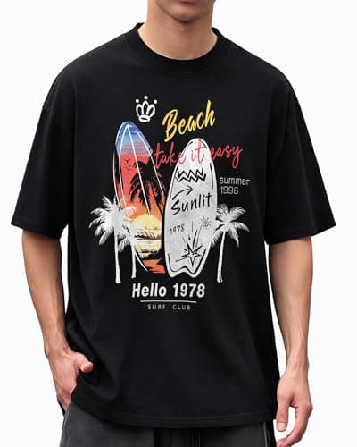Mens Graphic T-Shirts Short Sleeve Surf Print Summer Top Crewneck Cotton Casual WAVERIDER Tees for Men - Image 1