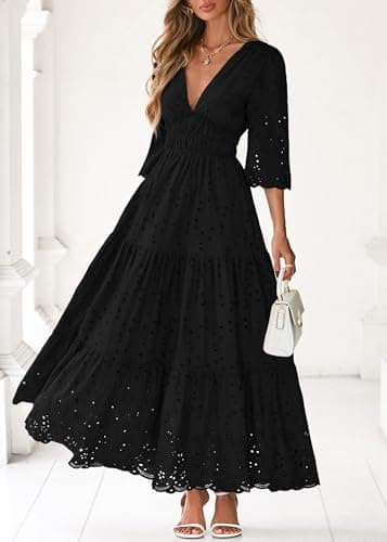 Lazysmile Long Sleeve Dresses for Women V Neck Hollow Out Eyelet Ruffle Swing A-Line Fall Vacation Boho Maxi Dress Black - Thumbnail 5