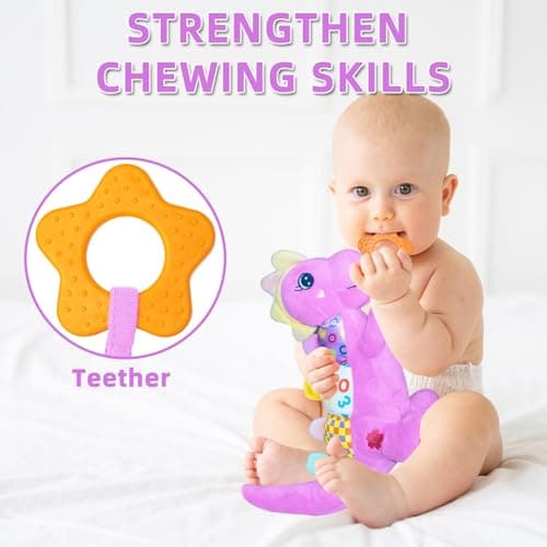 Baby Dino Musical Stuffed Animal Toys for 0-3-6-9-12 Months，Infant Dinosaur Tummy Time Toys with Crinkle Sound Paper,Teether，Textures & Rattles for Newborn Boys Girls Birthday Gifts，Purple - Thumbnail 4