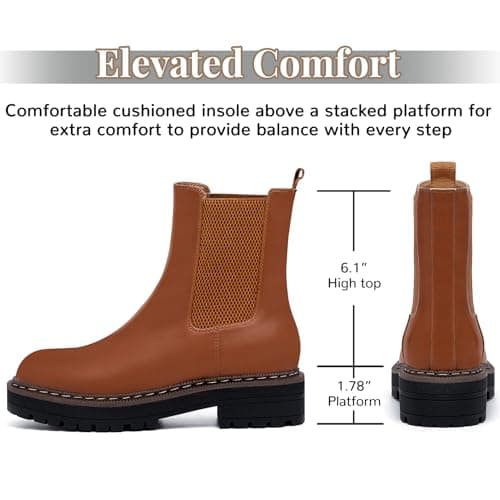 Athlefit Chelsea Ankle Boots for Women Platform Lug Sole Brown Boots Comfortable Slip On Fall Dress Short Booties Size 7 - Thumbnail 2
