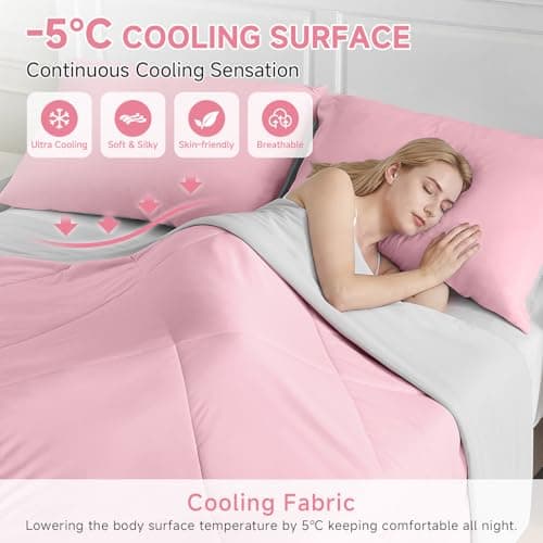 HOMFINE Cooling Comforter for Hot Sleepers - Both Sides Q-Max>0.45 Arc-Chill Cooling Fiber for All-Season, Breathable Soft Keep Cool Summer Blanket for Bed Couch Sofa, Pink, King - Thumbnail 2
