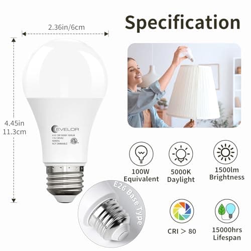 evelor 24-Packs A19 LED Light Bulbs,100 Watt Equivalent Daylight 5000K Bright Bulbs Efficient 13W,1500 Lumens E26 Base, Non-Dimmable, 15000-Hour Lifespan for Bedroom, Living Room, Office - Thumbnail 2