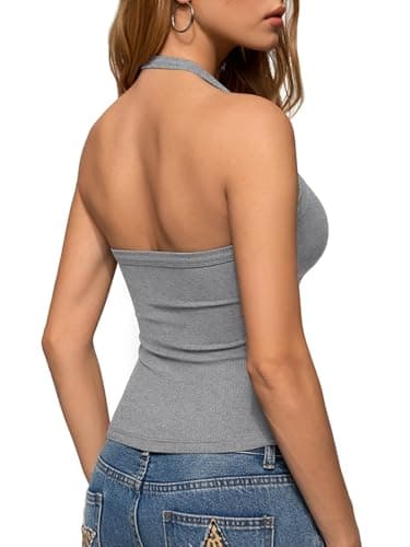 REORIA Womens Backless Halter V-Neck Ribbed Tank Tops for 2026 Slim Fitted Soft Camisole Basic Layering Shirts Heather Grey Large - Image 1
