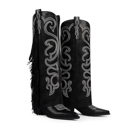 QIY Cowboy Boots for Women Black Fold Over Cowgirl Boots Knee High Cow Boy Pointed Toe Chunky Block High Heel Cow Girl Fringe Boot Wide Calf Western Embroidered with Tassels Shark Boot Size 7.5 - Thumbnail 6