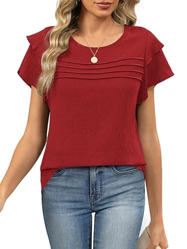 Funlingo Blouses for Women Dressy Casual Short Ruffle Sleeve Crew Neck Tops Summer Flowy Pleated Shirts Business Office Work Clothes Red 2XL - Image 1