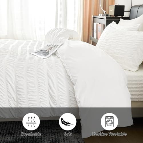 DCSKY White Duvet Cover Queen Size, Ultra Soft 3-Piece Boho Seersucker Duvet Cover Set with Zipper Closure, Soft Washed Microfiber Bedding Set (90"x90", 2 Pillowshams) - Thumbnail 3