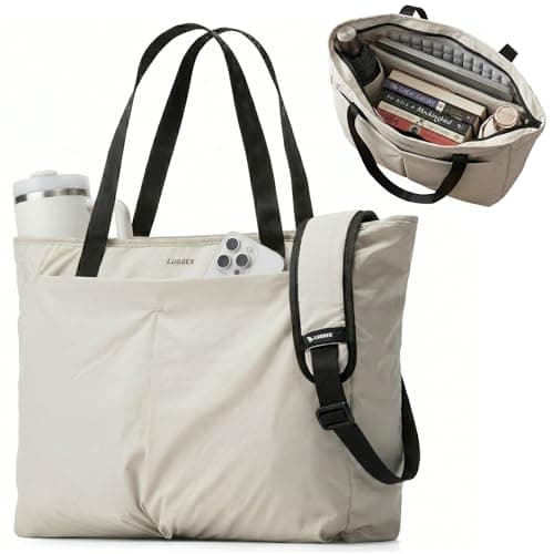 LUGGEX Laptop Tote Bag, LTX04 20L Lightweight Work Tote for 13-15.6 Inch Laptop, Water-Resistant Nylon Computer Shoulder Bag with Padded Sleeve, Bottle Holders & Luggage Strap (LTX04, Beige) - Image 1
