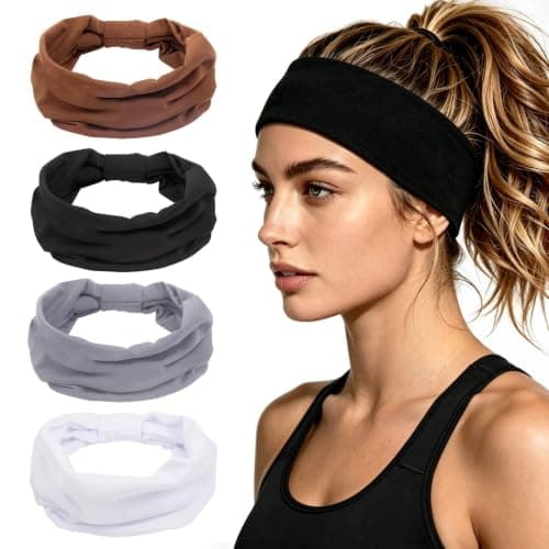 4PCS Headbands for Women, Non Slip Workout Headband Wide Sport Head Bands, Stretchy Headbands for Women’s Hair, Thick Elastic Head Bands Sport Sweat Bands, Knotted Hairbands for Yoga Gym Washing Face - Image 1