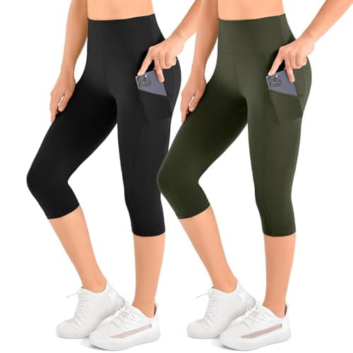 Leafigure 2-Pack Capri Leggings with Pockets for Women, High Waisted Soft Yoga Pants for Gym Workout Black/Green S-M - Image 1