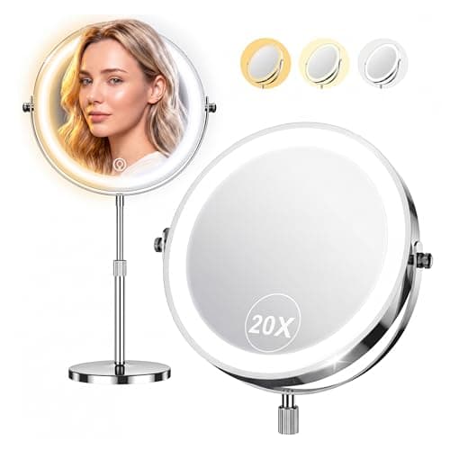 Dienmern Lighted Makeup Mirror, 1X/20X Double-Sided Magnifying Vanity Mirror with Lights, 360° Rotation, 5000mAh Rechargeable Adjustable Brightness with 3 Colors for Dorm, Living Room, Women Gift - Image 1