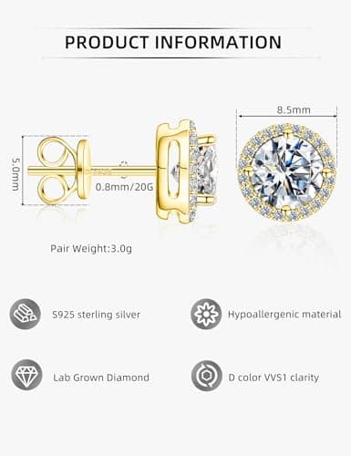 SAYATA Moissanite Halo Stud Earrings for Women & Men, 1.0-2.0ct, Hypoallergenic 925 Sterling Silver 14K Gold Plated Stud, VVS1 Round Lab-Created Moissanite Earrings (14K Gold, 2.0CT(1ct*2) - Thumbnail 5