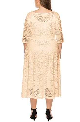 Eternatastic Womens Scooped Neckline Floral lace Top Plus Size Cocktail Party Midi Dress 5XL Beige - Thumbnail 4