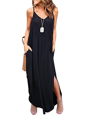HUSKARY Sundresses for Women Summer Sleeveless Spaghetti Strap Long Maxi Dress Swim Cover Up Split Cami Lounge Maxi Dress with Pockets Black - Image 1