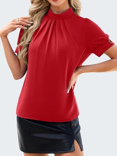 Funlingo Blouses for Women Dressy Casual Short Puff Sleeve Work Tops 2026 Spring Mock Neck Loose Fitting Shirts for Business Office Red S - Thumbnail 5