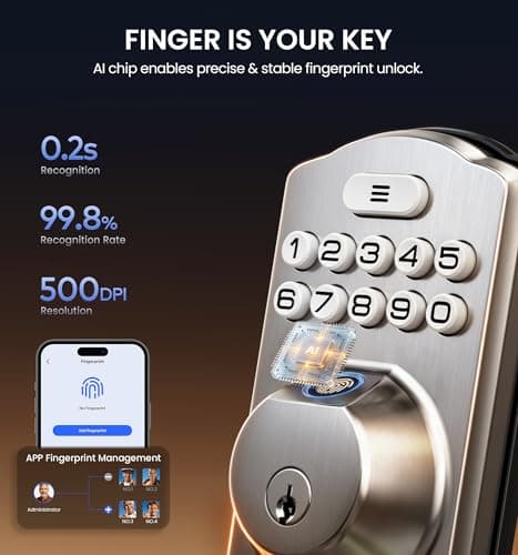 Veise VE012W-H WiFi Smart Front Door Lock Set, Built-in WiFi, App Remote & Voice Control, Fingerprint Keyless Entry Smart deadbolt with Handle, Backlit Keypad, Auto Lock, IP55 Waterproof, Satin Nickel - Thumbnail 3