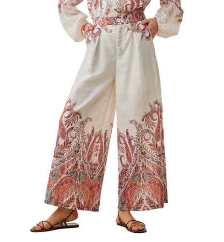 Women's 2026 Casual High Waist Button Wide Leg Loose Flowy Beige Palazzo Print Lightweight Boho Vintage Ethnic Paisley Dress Pants with Pockets Bohemian Trousers for Summer Beach Vocation - Image 1