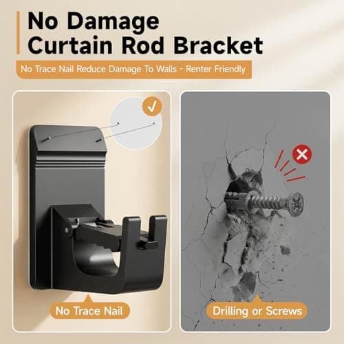 Universal Heavy Duty Curtain Rod Brackets, No Drill Curtain Rod Brackets with Adhesive & Invisible Nail, 30+LB Load Curtain Rod Holders, Damage Free Curtain Rod Hooks for Wall, Bathroom, Kitchen 4PC - Thumbnail 4