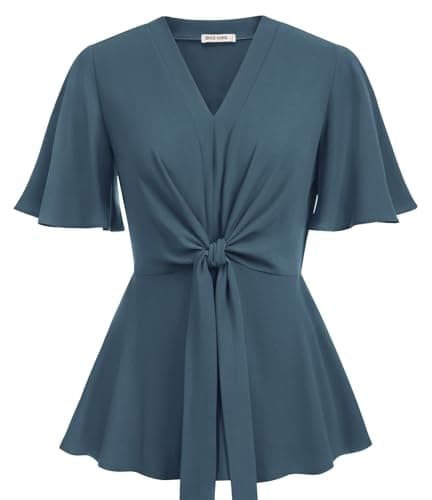 Womens Grey Blue Peplum Tops V Neck Bell Sleeve Tops Tie Front Elegant Work Blouse 2XL - Image 1