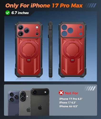 FNTCASE for iPhone 17 Pro-Max Case: [360 Spin Magnetic Ring Kickstand] [Compatible for MagSafe] [Screen Protector] Heavy Duty Military Grade Protection Protective Phone Case with Stand Red - Thumbnail 2