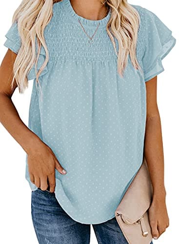 Dokotoo Women's Cute 2026 Summer Lace Crew Neck Flowy Ruffle Short Sleeve Shirts for Women Pom Pom Dot Blouses Solid Casual Loose Back Self Tie T Shirts Tops Sky Blue M - Image 1